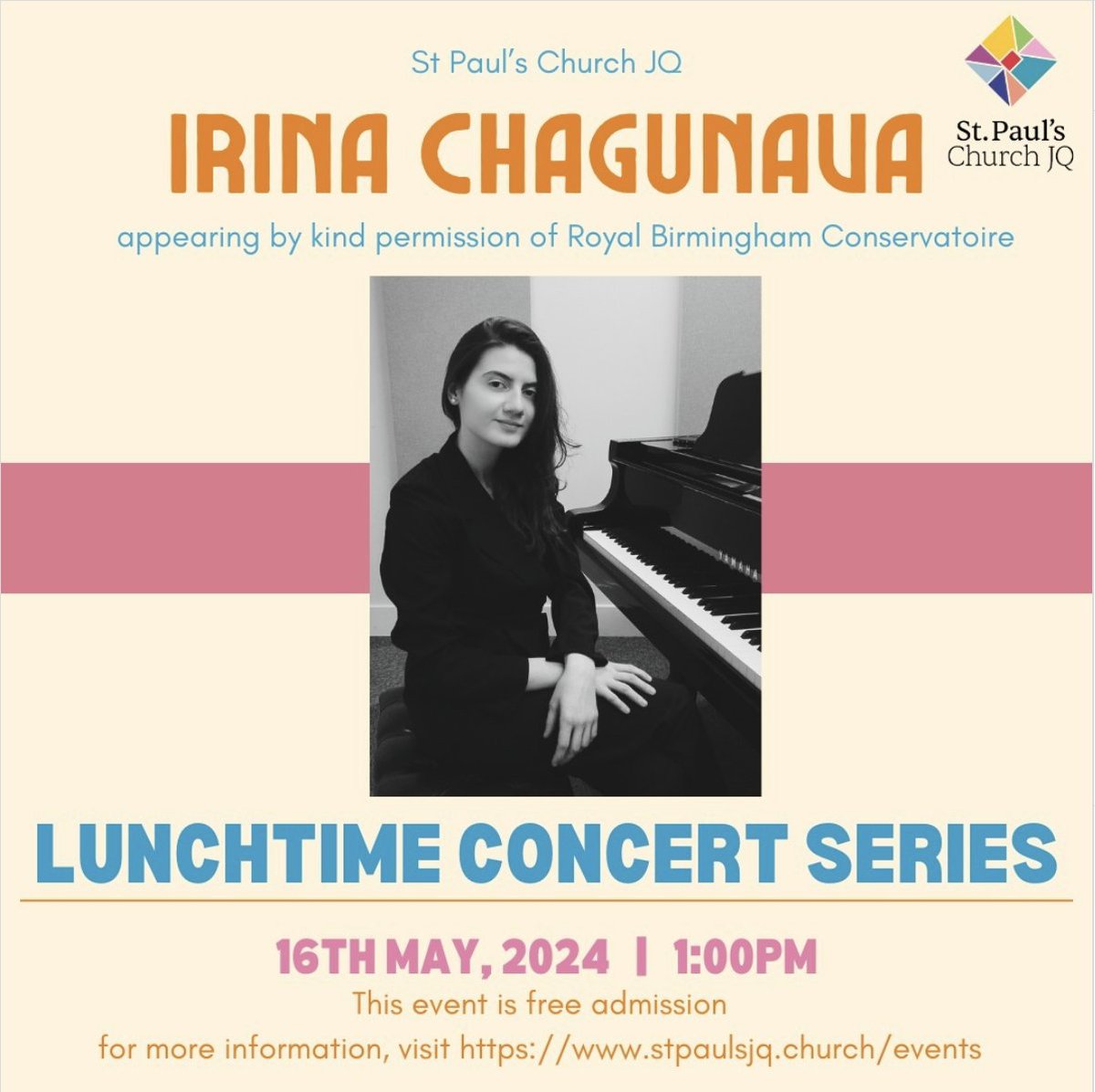 🎵 St Paul's Church JQ are excited to welcome Irina Chagunava, pianist studying at Royal Birmingham Conservatoire, for TODAY'S Lunchtime concert. 🎵 🌟16th May, 1pm, free admission🌟 With thanks to @BirmCons
