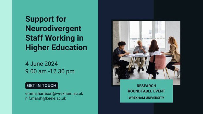 Are you working in UK #HigherEducation & want to be part of the conversation around support for neurodivergent staff/neuroinclusive unis? 

Join our Research Roundtable Event on 4 June 🗣️

Email us for more details 📧

#ActuallyAutistic #Neurodiversity #ADHD #Dyslexia #Dyspraxia