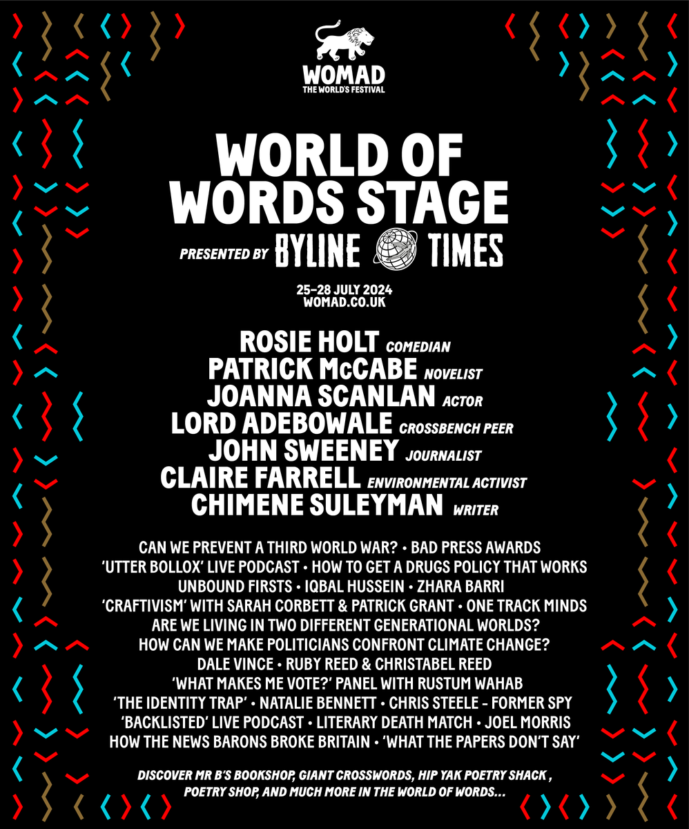 We are delighted to announce an exciting new twist on the World of Words programme at WOMAD 2024. This year the World of Words stage will be presented by independent, investigative newspaper @BylineTimes.📚 Take a look at what's coming up! #WOMAD2024