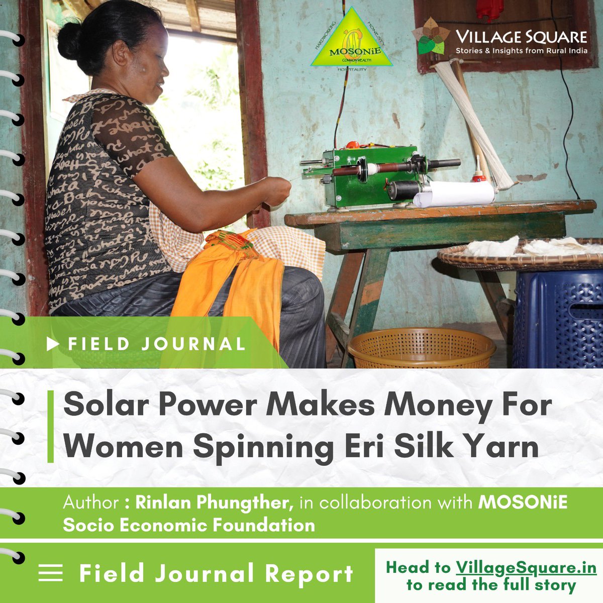 women in Meghalaya are spinning more than just yarn. With solar-powered machines, they're turning eri silk into a thriving business, transforming lives, and shaping futures! Read the full story 👇 🔗 villagesquare.in/solar-power-a-… ✍️ Rinlan Phungther #SolarPower