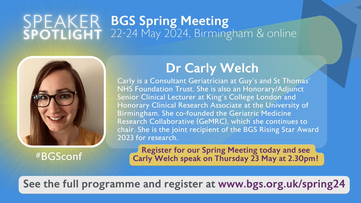 🗣️ SPEAKER SPOTLIGHT: @CarlyWelch_42 is the joint recipient of the BGS Rising Star Award 2023 and will be speaking on 'Collaboration to build resilience in older age' at the BGS Spring Meeting. #BGSConf For more information visit bgs.org.uk/spring24