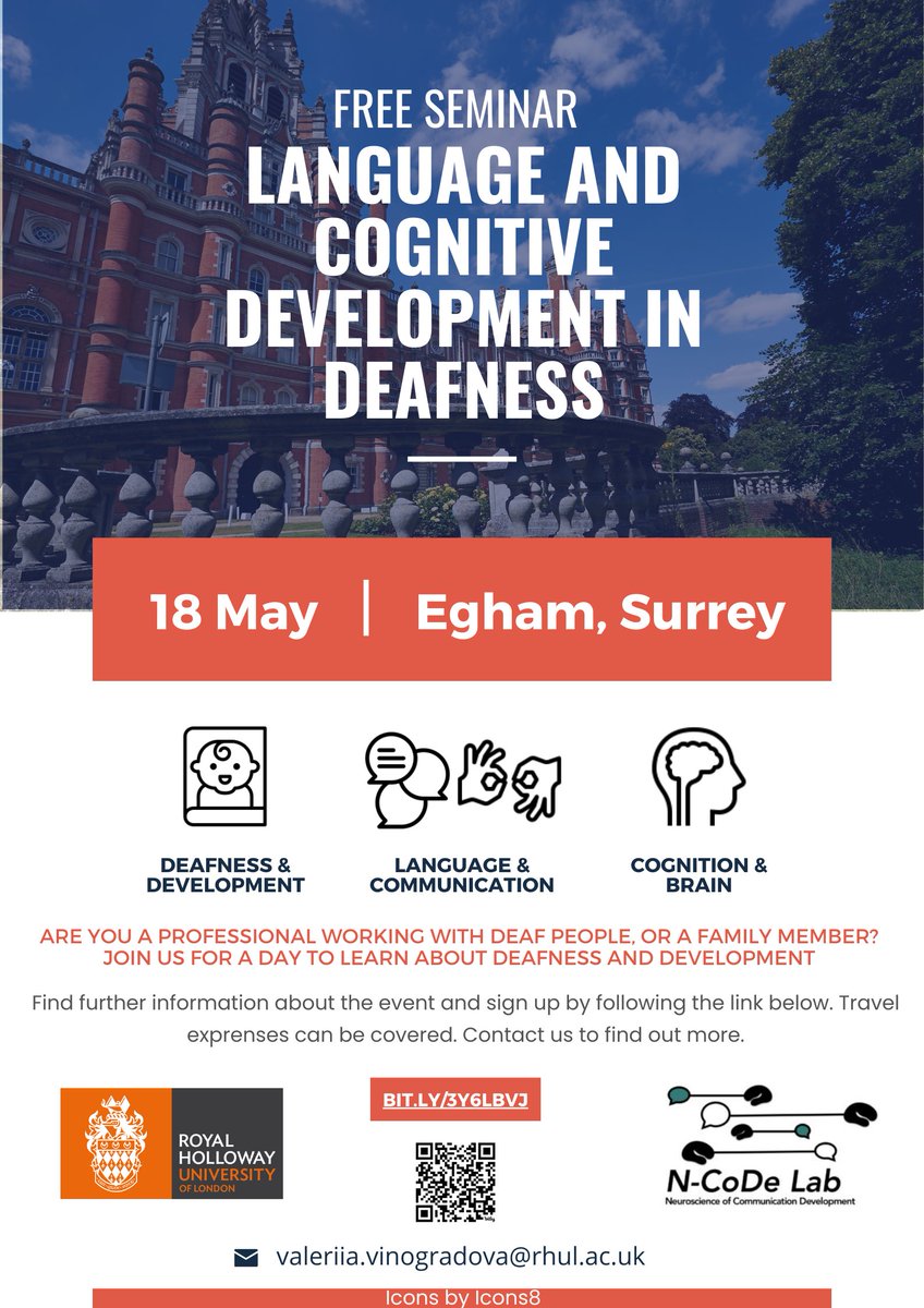 There are still a few places left for our free seminar on language and cognitive development in deafness at our beautiful Egham campus. Please, visit our page to book your tickets and email me at valeriia.vinogradova@rhul.ac.uk if you want to attend: eventbrite.com/e/language-and…