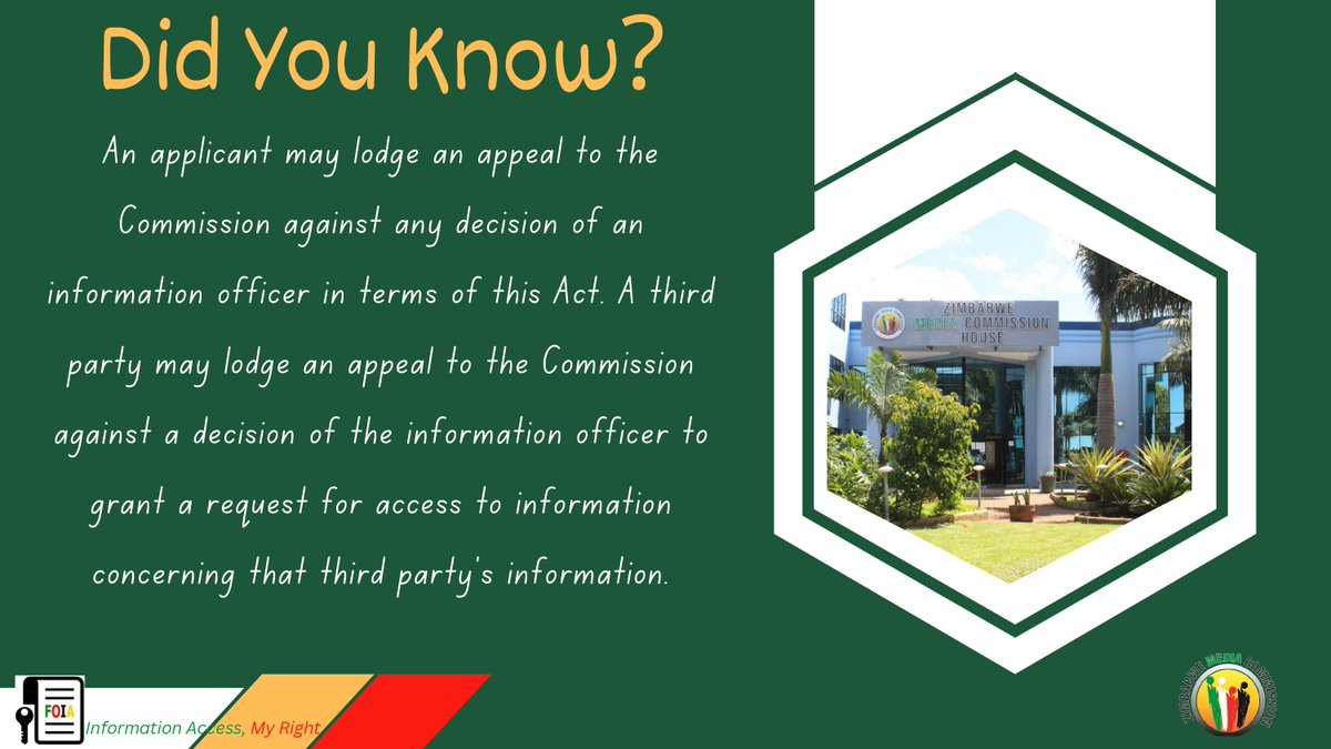 DID YOU KNOW?
You can appeal decisions on information access with the Zimbabwe Media Commission.
Both applicants and third parties have this right under the Freedom of Information Act.

#FreedomOfInformationAct #FOIA #AccessToInformation