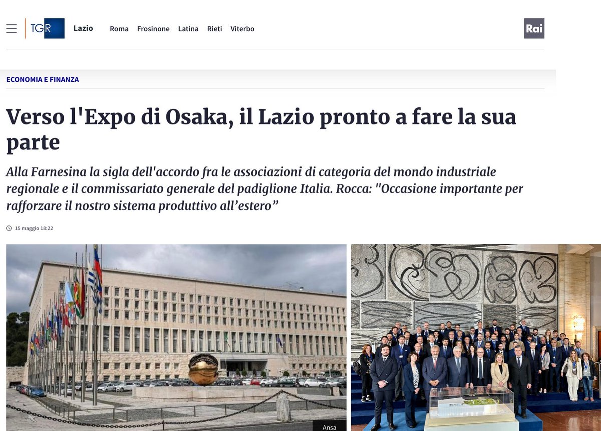 ❝Verso l'Expo di Osaka, il #Lazio pronto a fare la sua parte❞ Alla Farnesina la sigla dell'accordo fra le associazioni di categoria del mondo industriale regionale e il Commissariato 🇮🇹 @mariovattani #Expo2025Osaka #imprese 📌@RaiNews @TgrRaiLazio shorturl.at/lrE12