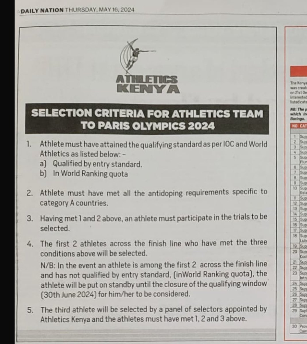 Media Alert ‼️ SELECTION CRITERIA FOR ATHLETICS TEAM TO PARIS OLYMPICS 2024 #athletickskenya #TeamKenya
