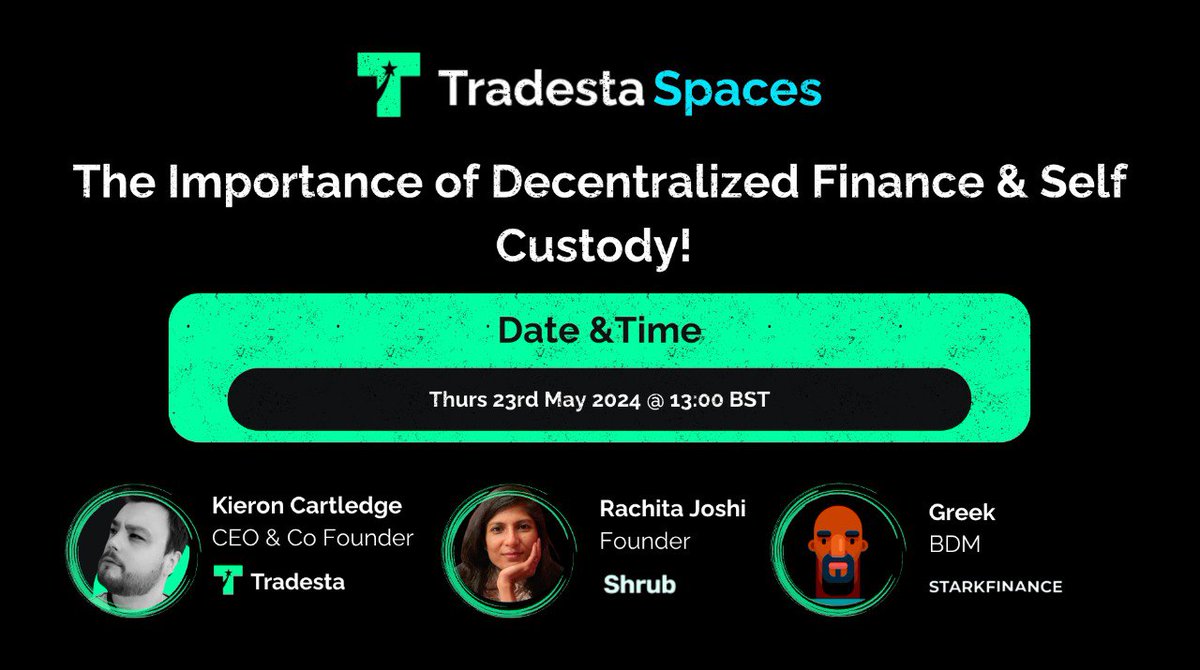 TradeSta.io - MVP NOW OPEN (@tradestaperpdex) on Twitter photo Join <a href="/ChiefTradeSta/">Kieron, CEO of TradeSta</a> of @TradeStaSwap , @0xqueenbud , Founder of <a href="/shrubfinance/">Shrub</a> & Greek, BDM of <a href="/starkfinance/">StarkFinance</a> as they explore and discuss
Topic: The Importance of Decentralised Finance and Self-Custody
📅⏲️Date & Time: Thursday, 23rd May 2024, 13:00 BST
🔔Set your reminder: Join <a href="/ChiefTradeSta/">Kieron, CEO of TradeSta</a> of @TradeStaSwap , @0xqueenbud , Founder of <a href="/shrubfinance/">Shrub</a> & Greek, BDM of <a href="/starkfinance/">StarkFinance</a> as they explore and discuss
Topic: The Importance of Decentralised Finance and Self-Custody
📅⏲️Date & Time: Thursday, 23rd May 2024, 13:00 BST
🔔Set your reminder: