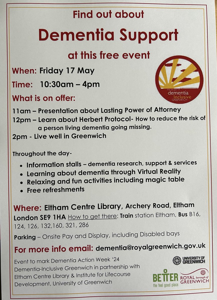 Dementia Dialogue (@demdialogueuk) on Twitter photo For #DementiaActionWeek #DAW24 Join us at Eltham library <a href="/GreenwichLibs/">Royal Greenwich Libraries</a> find out about support available after a dementia diagnosis meet staff from <a href="/IrishCommServ/">Irish Community Services</a> <a href="/MindCharity/">Mind</a> <a href="/OxleasNHS/">Oxleas NHS</a> <a href="/GrantSaw/">Grant Saw Solicitors</a> <a href="/Royal_Greenwich/">Royal Borough of Greenwich</a> & fun activities For #DementiaActionWeek #DAW24 Join us at Eltham library <a href="/GreenwichLibs/">Royal Greenwich Libraries</a> find out about support available after a dementia diagnosis meet staff from <a href="/IrishCommServ/">Irish Community Services</a> <a href="/MindCharity/">Mind</a> <a href="/OxleasNHS/">Oxleas NHS</a> <a href="/GrantSaw/">Grant Saw Solicitors</a> <a href="/Royal_Greenwich/">Royal Borough of Greenwich</a> & fun activities