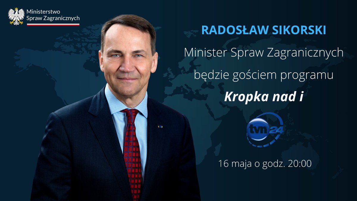 Min. @sikorskiradek będzie dziś gościem redaktor Moniki Olejnik w programie @KropkaNadI. 📺 @tvn24 🗓️ czwartek, 16 maja 🕖 godz. 20:00 Zapraszamy do oglądania!