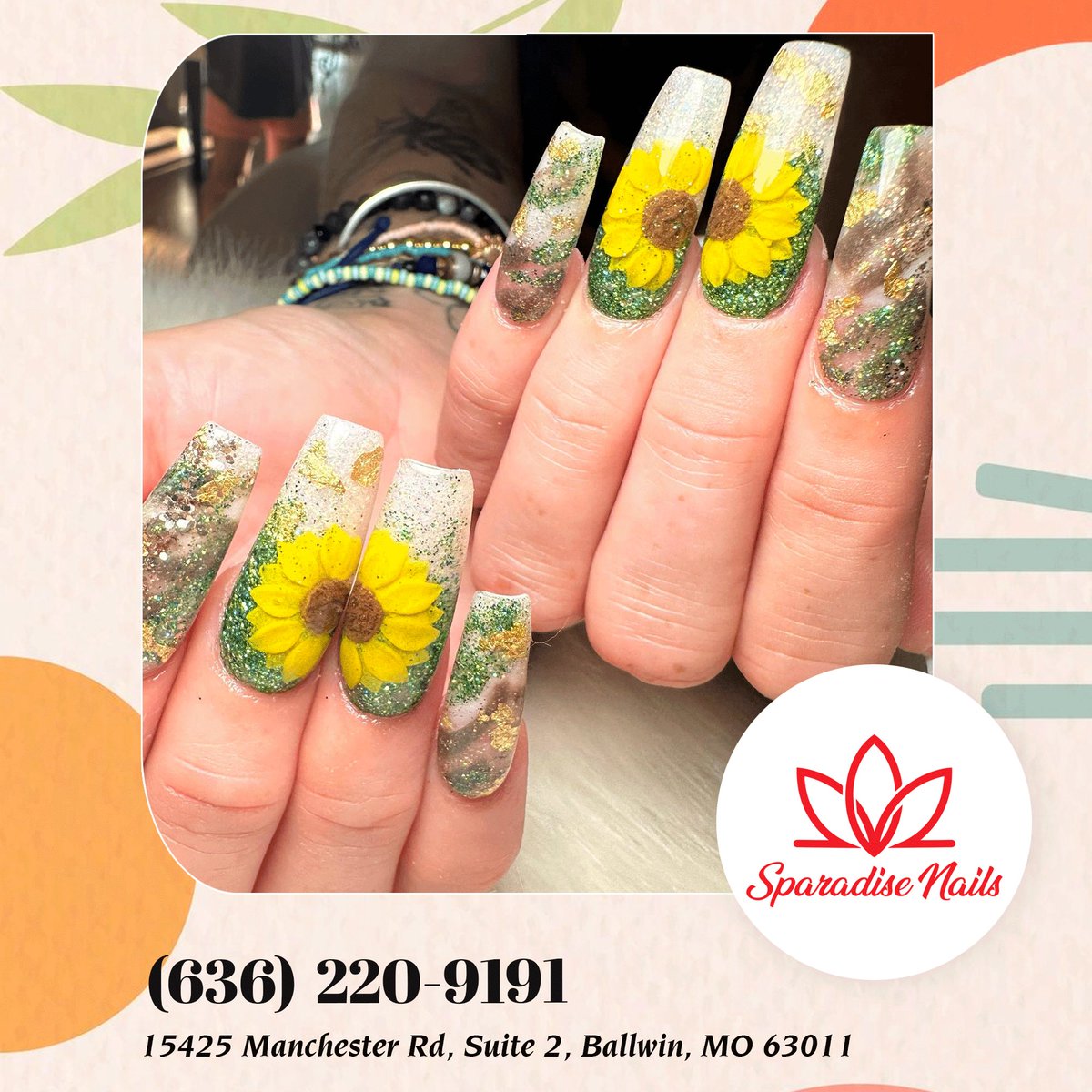 Sunshine on your fingertips! These bright and cheerful sunflower nails are perfect for any season.🌻✨
*Booking Online: lk.macmarketing.us/SparadiseNails…

#sparadisenails #nailsalon #nails #nailart #nailsalonballwin #naildesign #spa