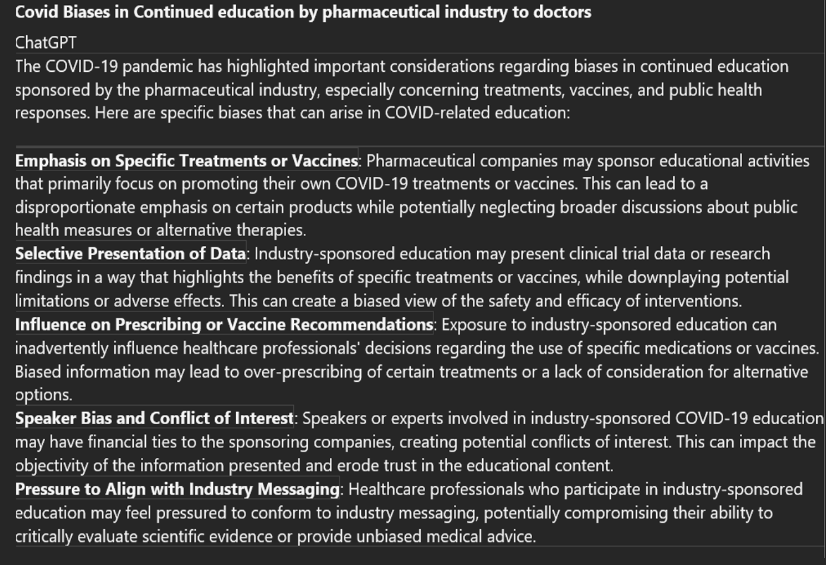 Is it because doctors’ postgraduate+Continuous Education is payed by pharma in🇨🇭that ALL medical personnel parrot: no need to mask, pandemic is over, Covid is like the flu... @parlch?
2015-2022/Total grants to doctors,hospitals=
1.4 billion francs
ChatGBT intelligent?😊
Sources⬇️