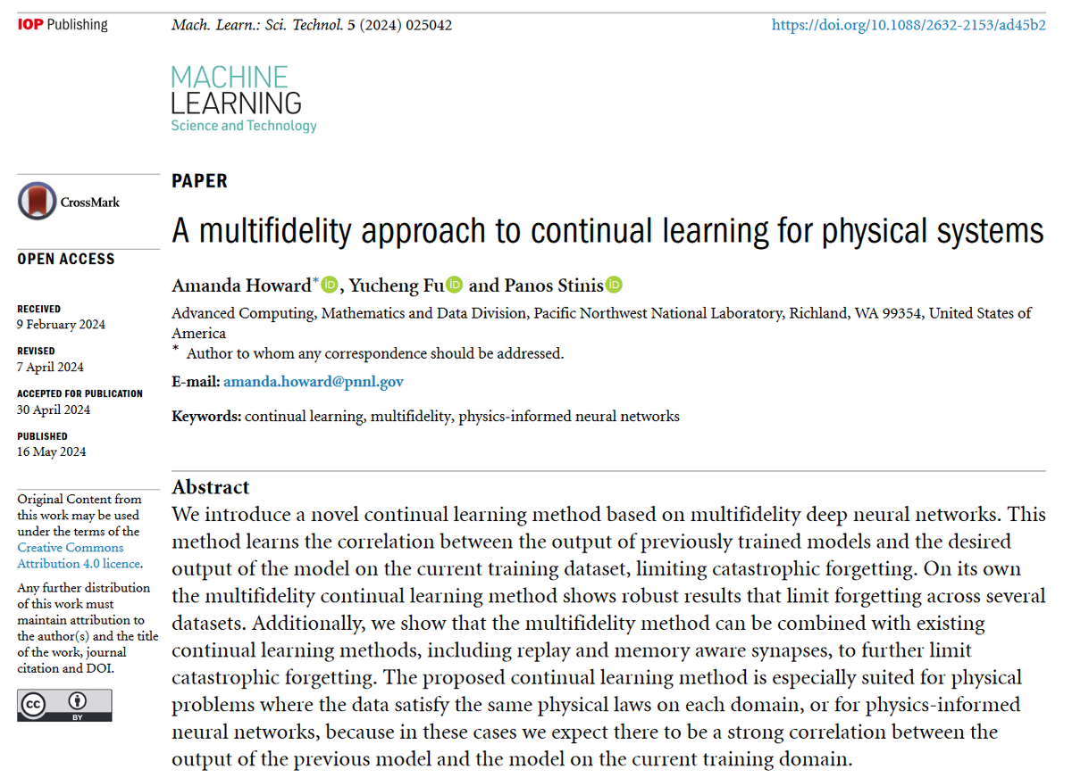 MLSTjournal's tweet photo. Great new work by Amanda Howard, Yucheng Fu and Panos Stinis @PNNLab - 'A #multifidelity approach to continual learning for #physicalsystems' - https://t.co/KSsZn0EUFq #machinelearning #PINNs #neuralnetworks #datascience #AI #compphys #modelling #energy #HPC #physics https://t.co/tz8WymbI2l