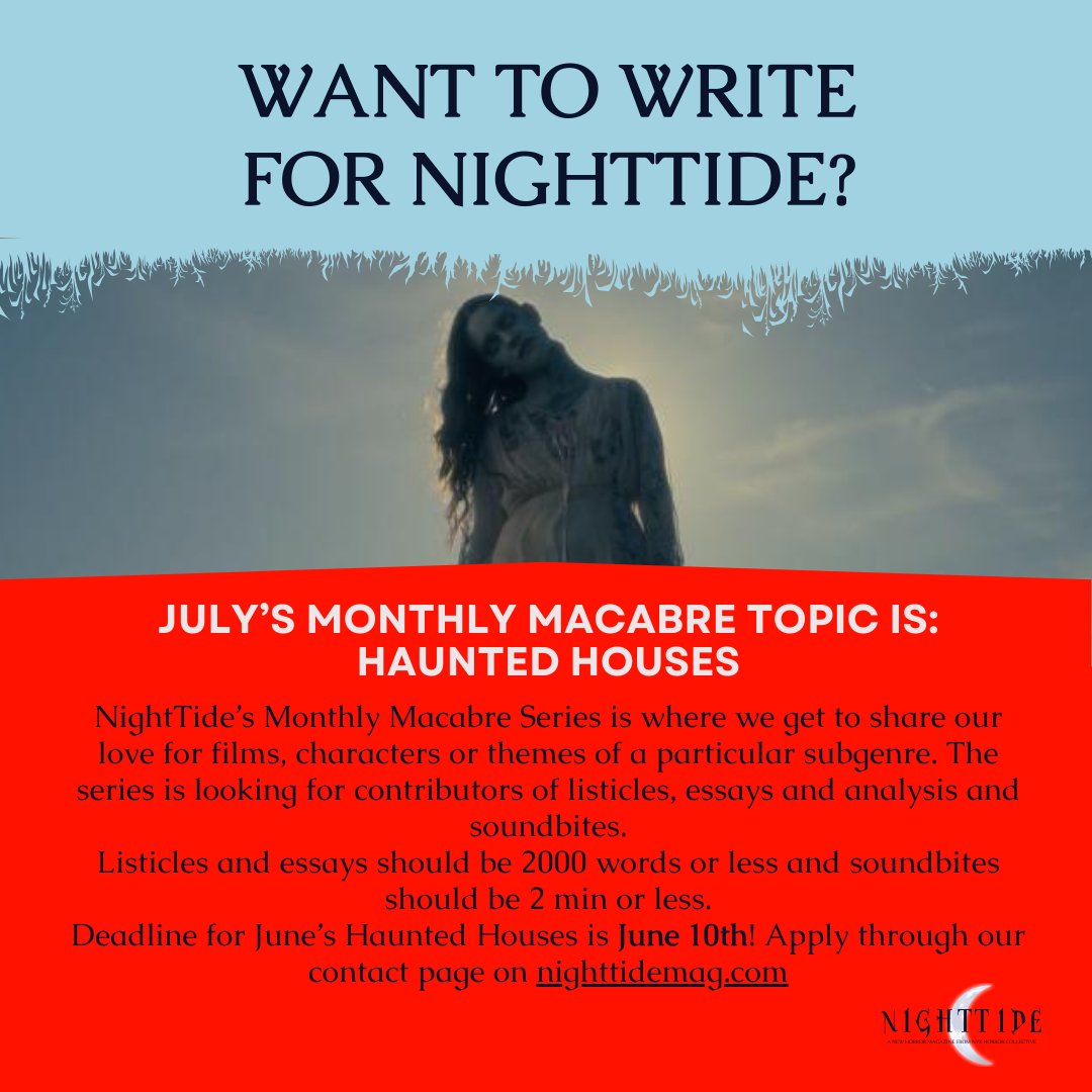 It's CAUTION: ZOMBIE CROSSING! this week for #NightTide Magazine's Monthly Macabre. Wanna get a jump on summer topics? Next month our subgenre is WEREWOLVES and July is HAUNTED HOUSES! 
Details to pitch are below!!