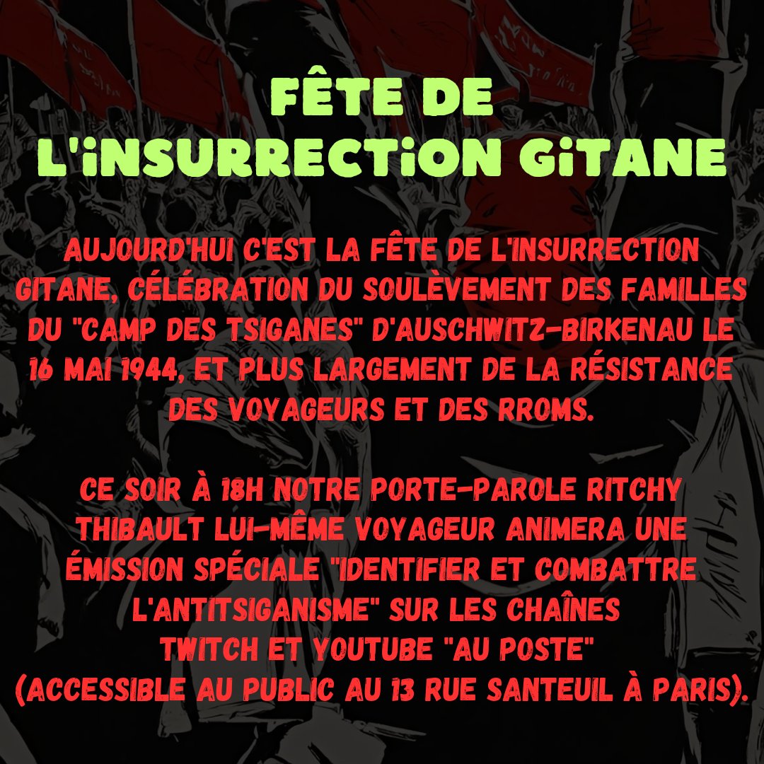 🔴Aujourd'hui c'est la fête de l'insurrection gitane

Pour l'occasion @ritchy_thibault animera une émission 'identifier et combattre l'antitsiganisme' à 18h sur les chaînes Twitch et Youtube d'@AuPoste1 

➡️Inscriptions pour y assister en public à #Paris : auposte.fr/convocation/co…