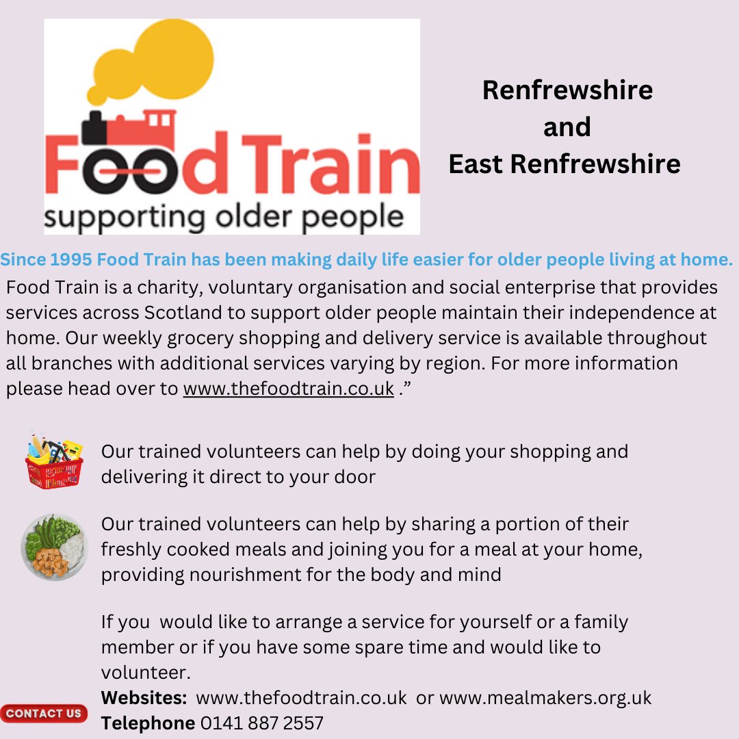 Food Train is a charity, voluntary organisation and social enterprise that provides services across Scotland to support older people maintain their independence at home. Check out the link to see how it can help thefoodtrain.co.uk @FoodTrainScot @erhscp @RenHSCP @NHSGGC