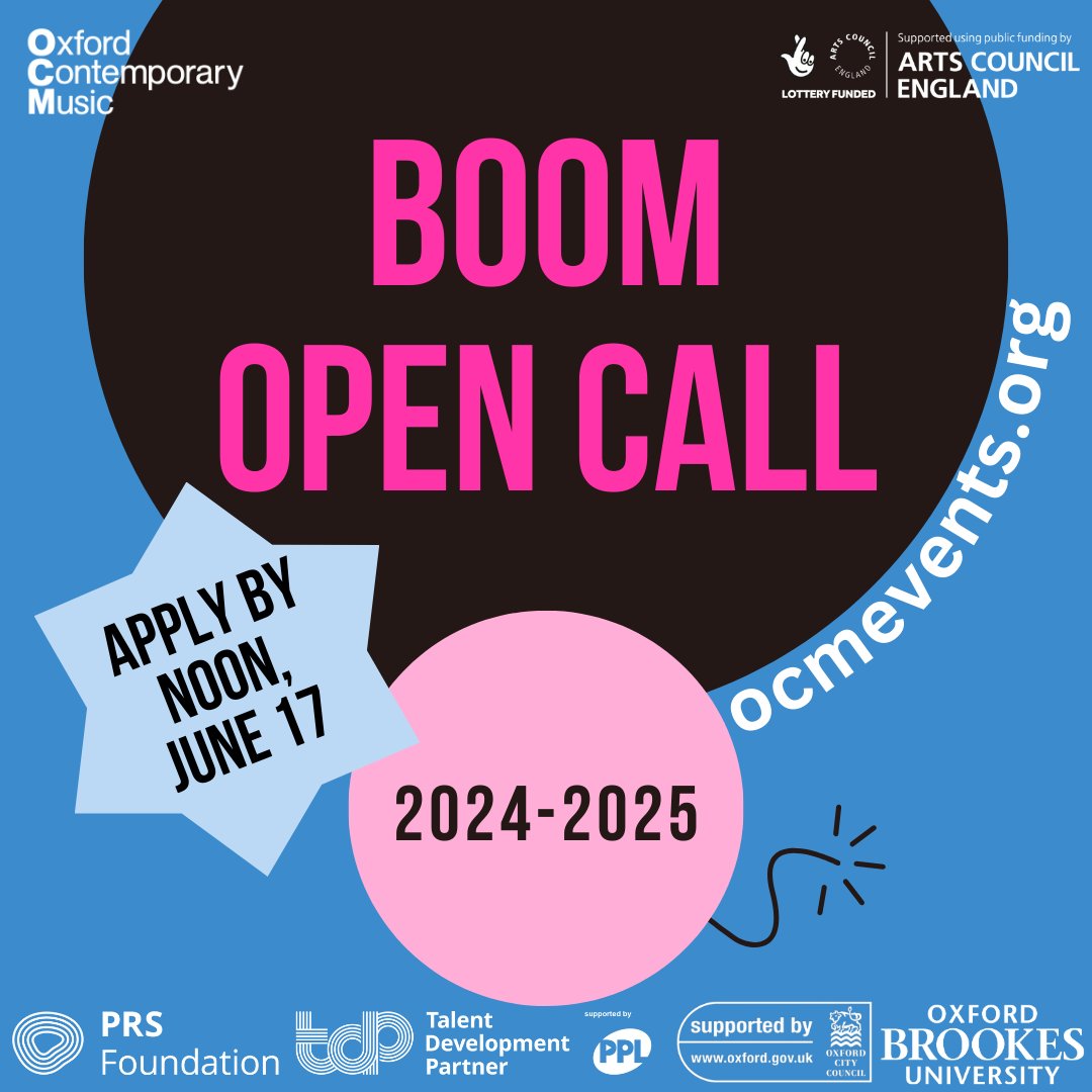 Applications are now open for our BOOM artist development scheme! The scheme supports musicians, producers and sound artists at any career stage. About/apply: ocmevents.org/boom Funded by @prsfoundation @PPLUK @ace_national #ocm #FundedbyPRSF