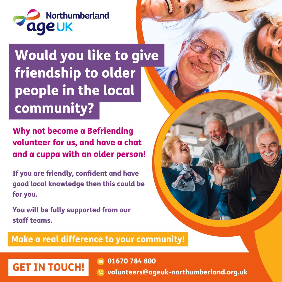 Would you like to give friendship to older people in your local community? We are looking for Befriending volunteers to have lovely chats and a cuppa with people who could do with some friendship. If you are interested, we’d love to hear from you! Just get in touch 😊