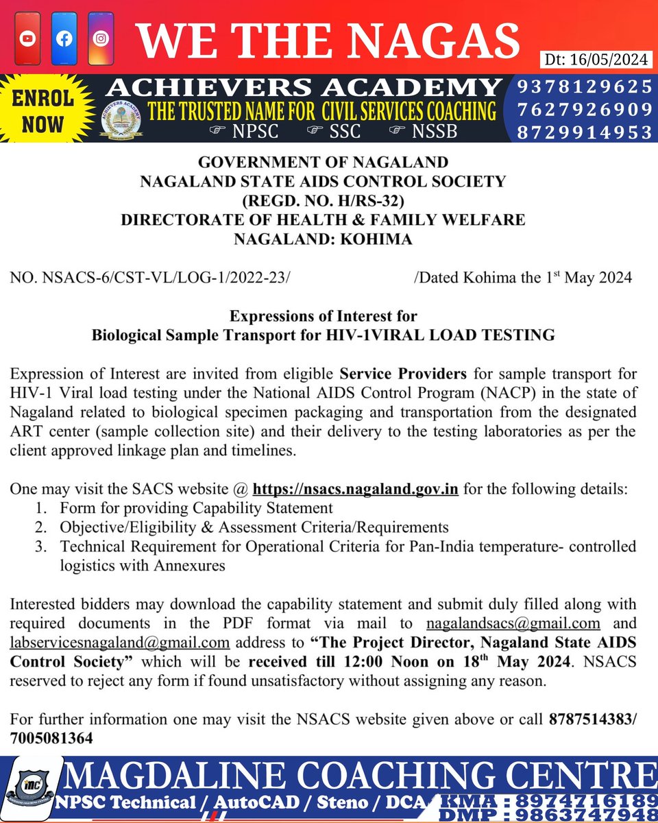 Expressions of Interest for Biological Sample Transport for HIV-1Viral Load Testing.