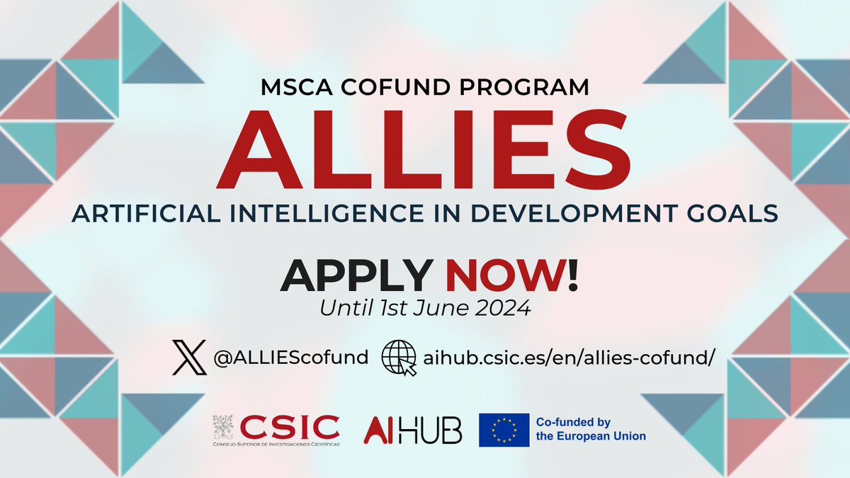 ⏰Deadline for #ALLIESforSDG approaching fast! 📆 June 1st is the last day to apply for our Postdoctoral Training Program in AI 🤖 led by @CSIC, in collaboration with @AIhubCSIC & EU funding. 🌍 Apply now for one of 9 positions! #postdocjob 👉aihub.csic.es/en/allies-cofu…