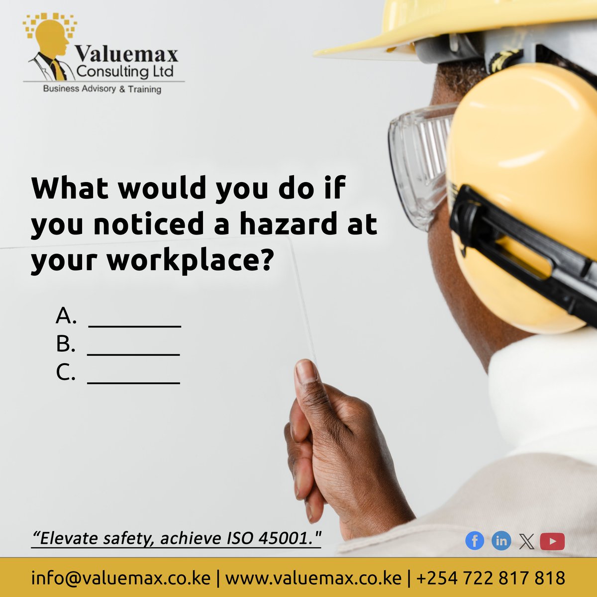 Safety at the workplace is a conversation we need to have. If you noted a hazard at your place of work, what actions would you take?

#OHS #Worksafety #occupationalsafety #safety #Tuesday #ISOStandards #Valuemax