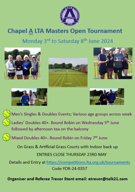 A great tournament, small and friendly, on fab grass courts! Men's Singles/Double's 50+ and 60+, , Ladies' Doubles 40+ and Mixed Doubles 40+. Ladies' Doubles is followed by tea and cakes on the balcony(Entries close 23rd May)#chapelallerton #chapelallertontennis #ltacompetitions