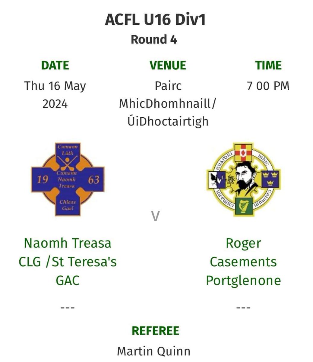 Two football fixtures at home tonight . Our U14 girls play @aldergrovegaa on the back pitch at 6.30pm while our U16 boys host @casementsgac on the front pitch at 7pm. Whilst our South Antrim team are away to @NaomhEannaCLG at 7.45pm All support welcome.