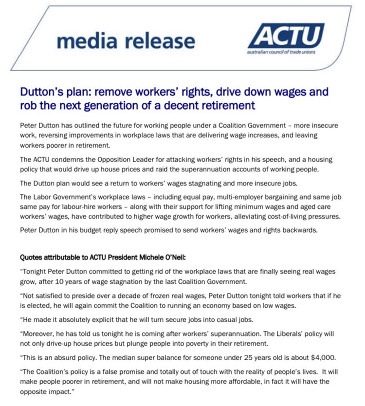 Media release: Dutton’s plan: remove workers’ rights, drive down wages and rob the next generation of a decent retirement