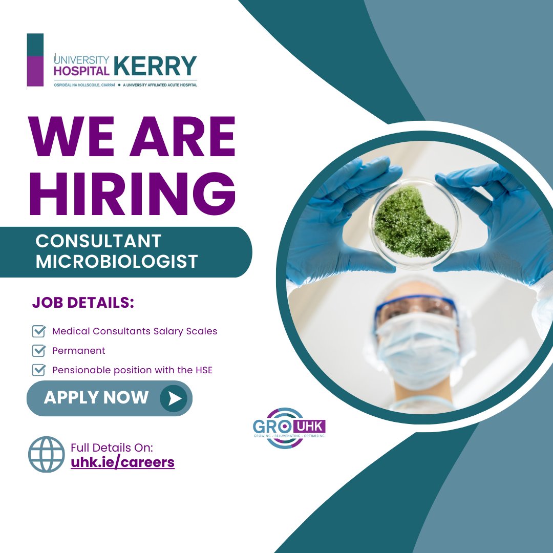 Consultant Microbiologist Position Open at UHK DETAILS: uhk.ie/consultant-mic… The appointee to this post will provide a Clinical Microbiology service to hospital consultants and their teams relating to the diagnosis, management and prevention of infections.