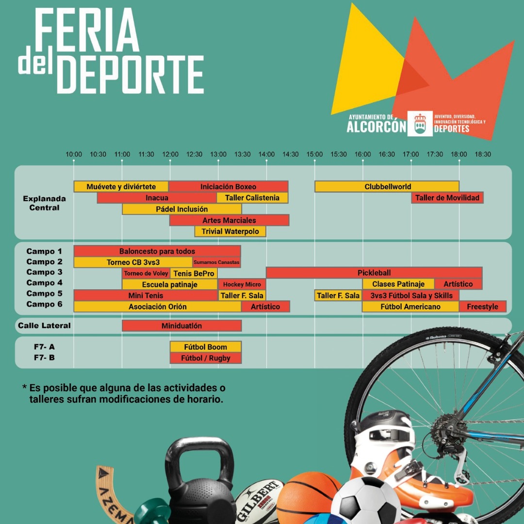 AlcorconDeporte's tweet image. 🕛Horarios y 📍ubicaciones de las actividades de la  "Feria del Deporte"
