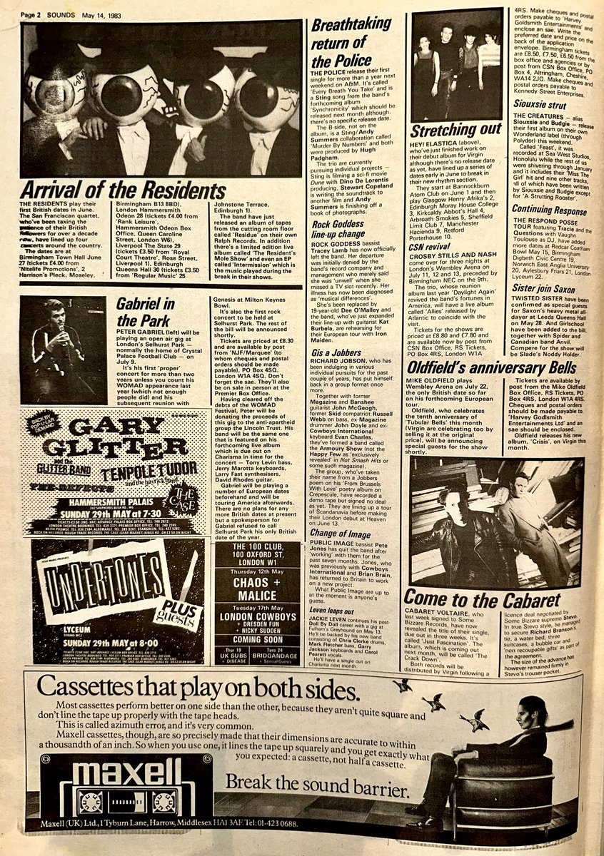 ZoundsAbound's tweet photo. @richardjobson is back in band format, announcing The Armoury Show.
#TheResidents from San Francisco are finally coming to The UK for shows & @itspetergabriel is playing a show at Selhurst Park.
#HeyElastica announce dates to support their LP release soon
Sounds May 14th 1983 https://t.co/hip4B15PQv