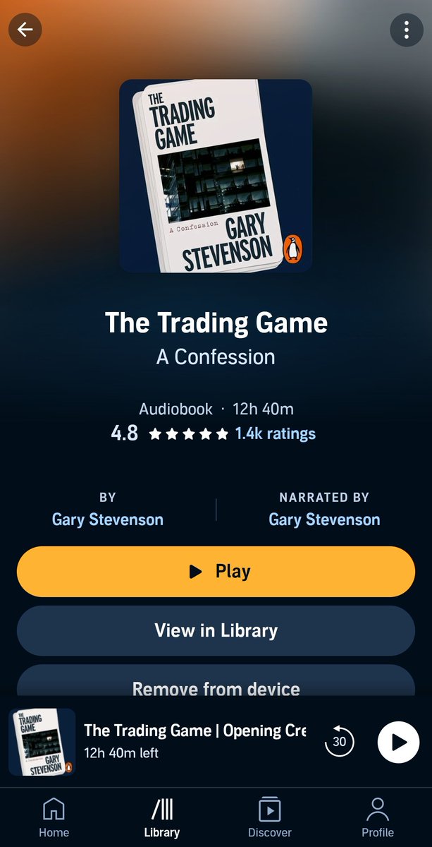 The Trading Game by <a href="/garyseconomics/">Gary Stevenson</a> is a compelling story of his life as a city trader in London. Interesting characters! It dazzles with brilliant vignettes. Highly recommend the #audiobook read by the author himself. #audible