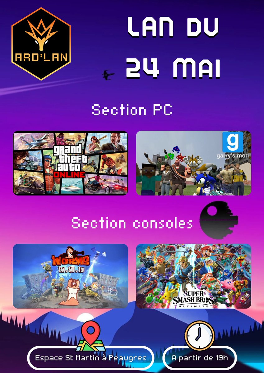 🎮 Ard'LAN de retour le 24/05 à 19h à la bibliothèque de Peaugres! #GTA Online, #Garry's Mod sur PC. Worms WMD, #SSBU sur consoles. 
Informations supplémentaires en Dm😘 #ArdLAN #LANparty #Gaming