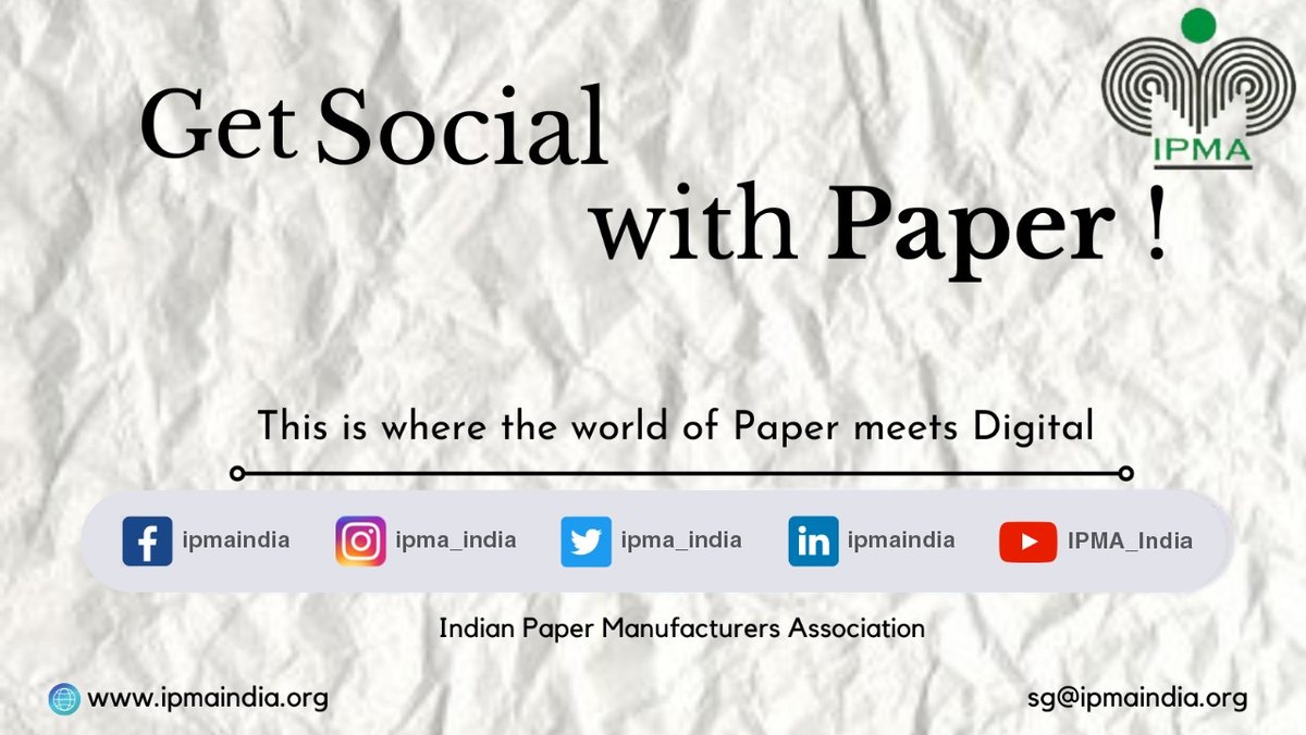 Engage with us on your favourite social media platform and keep up with the latest on Indian Paper Industry, Paper facts, trivia, myths, realities, & much more facebook.com/ipmaindia instagram.com/ipma_india x.com/ipma_india linkedin.com/company/ipmain… youtube.com/IPMA_India