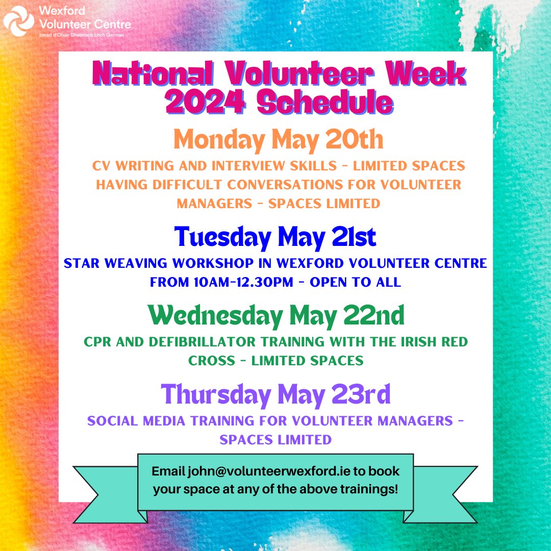 Wexford Volunteer Centre (@wexfordvc) on Twitter photo 🌟 Next week is National Volunteer Week 2024! 🌟 Join us for a series of empowering workshops and training sessions throughout the week. Spaces are limited, so be sure to book your place early by contacting john@volunteerwexford.ie🌟
#NationalVolunteerWeek #WexfordVolunteerCentre 🌟 Next week is National Volunteer Week 2024! 🌟 Join us for a series of empowering workshops and training sessions throughout the week. Spaces are limited, so be sure to book your place early by contacting john@volunteerwexford.ie🌟
#NationalVolunteerWeek #WexfordVolunteerCentre
