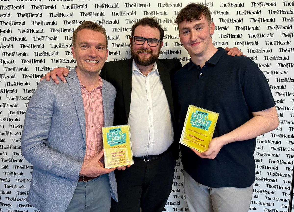 🎉 | What a night at The @heraldscotland Student Press Awards! Not only did #EdNapier's Journalism programmes have eight nominees, they also had three winners! Congratulations to Stuart Moyes, Jamie Smith and Ciaran Foreman for picking up the awards for Best Use of Multimedia