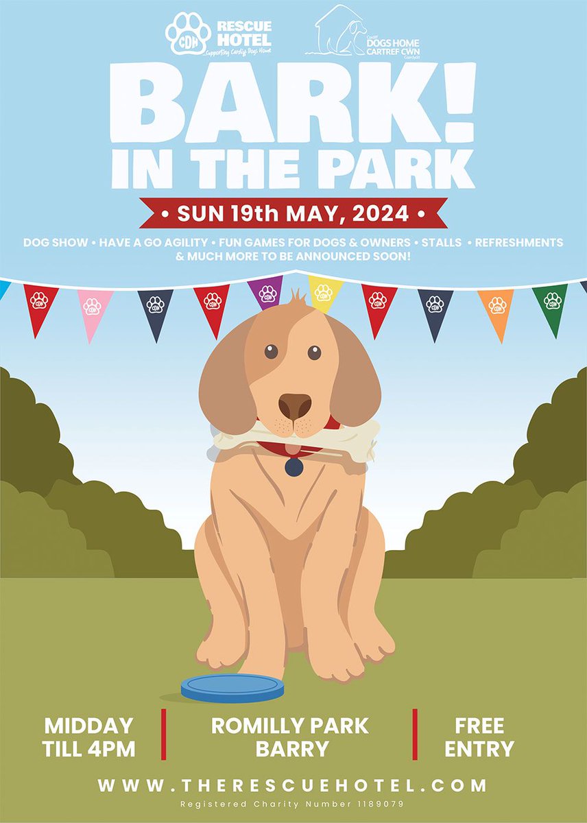 .@therescuehotel , @CdiffDogsHome are hosting Bark In The Park at Romilly Park this May 🐾🌳 Head down on 19 May to enjoy a dog show, agility, games and stalls, all for a good cause 🐶 ⏰ 12 – 4pm ✨ Free entry