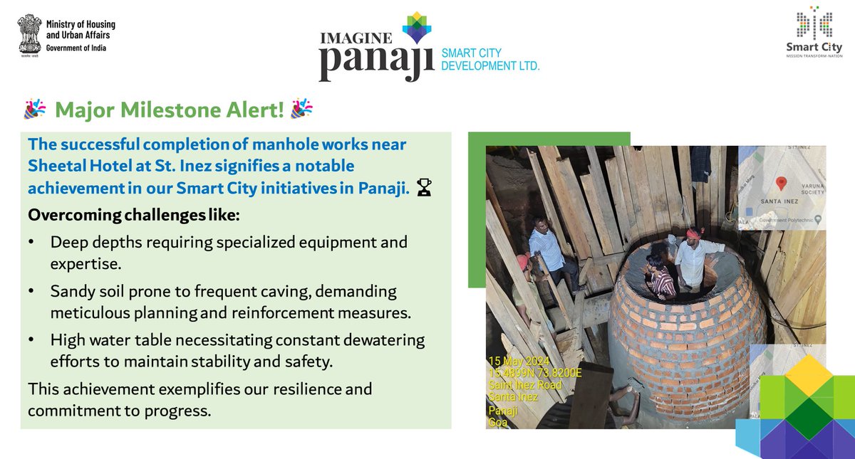 🎉 Another milestone for #Panaji's #SmartCity journey! The completion of manhole works near Sheetal Hotel showcases our resilience in overcoming challenges like deep depths, sandy soil, and high water tables. A testament to our commitment to progress!🏆 #SmartCityKiSmartKahani