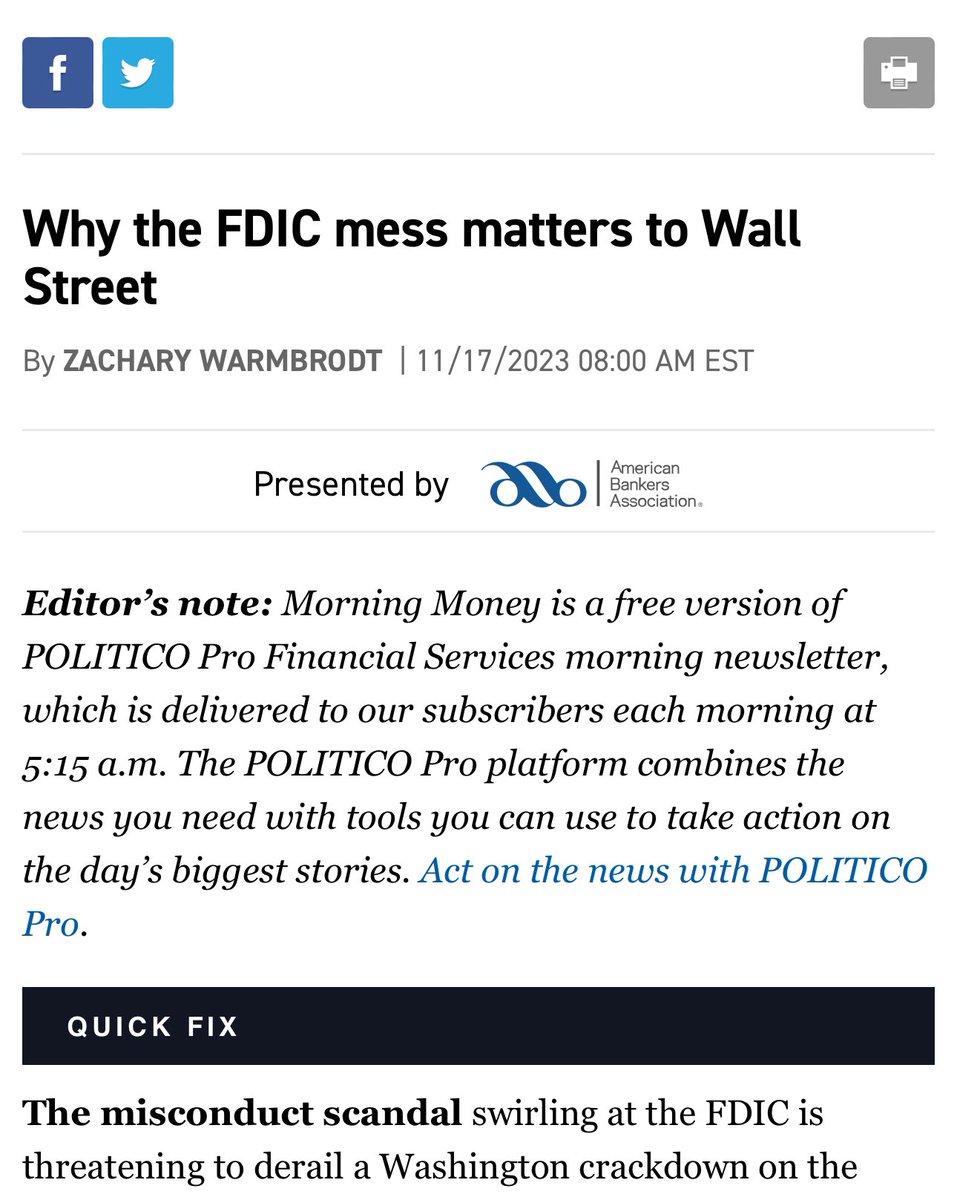 If FDIC Chairman Martin Gruenberg is forced to resign it will be a huge win for those fighting a regulatory crackdown on the biggest banks. The toxic workplace he created could be what blow up efforts to get more oversight of the biggest banks. politico.com/newsletters/mo…