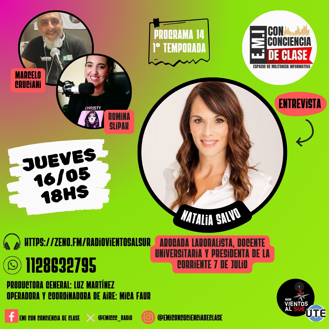 🖤 #Hoy, #jueves, desde las 18hs por @radiovientosalsur 📻
❤️Link para escucharnos en vivo zeno.fm/RadioVientosAl…
🧡#EMI #EspacioDeMilitanciaInformativa
🤍#ConConcienciaDeClase

#RadioEnVivo