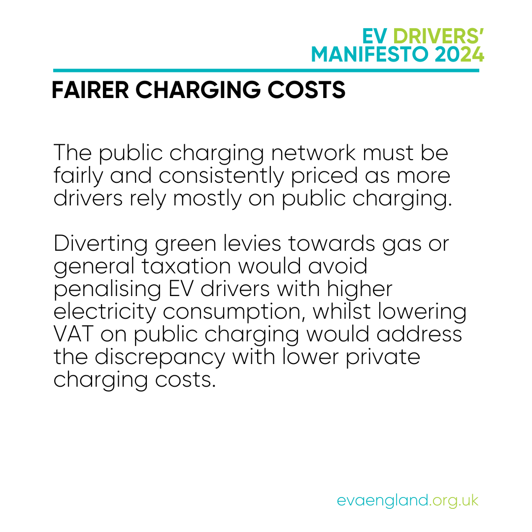 The EV Drivers' Manifesto, shaped with the support of EV drivers themselves, has identified Fairer Charging Costs as one of its key principles, in order to make charging cheaper for those without driveways. ⚡️ Find out more here: evaengland.org.uk/2024/05/14/ev-…
