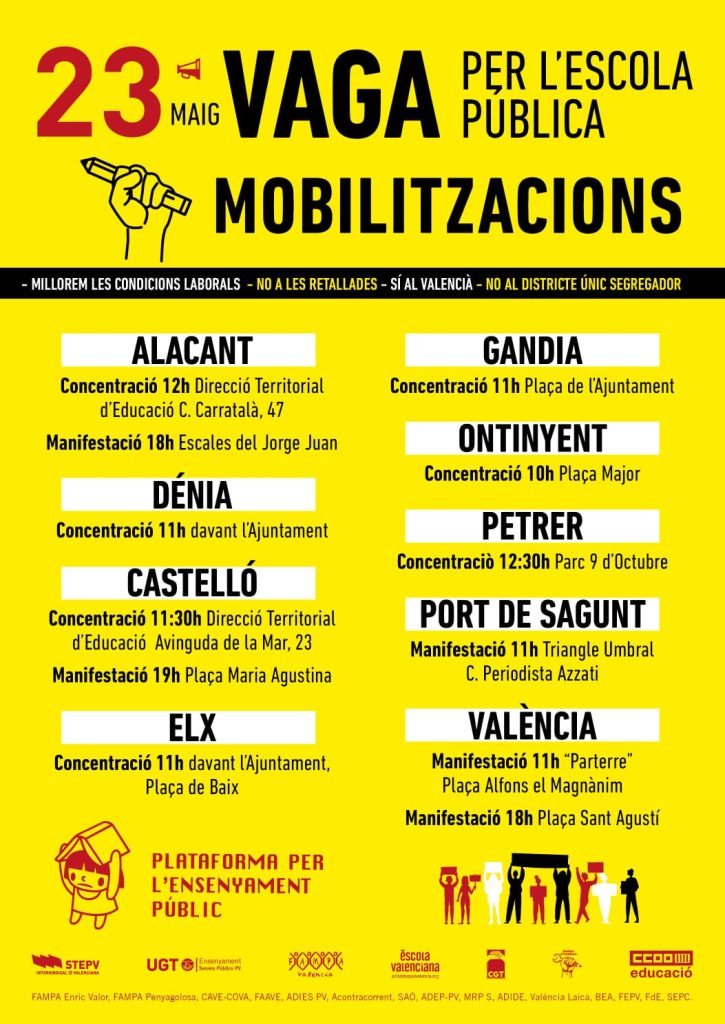 ACPV donem tot el suport a la #Vaga23M per l'educació i l'escola pública del País Valencià. És essencial defensar una educació pública, en valencià i de qualitat, és essencial eixir al carrer per tal de dir #Noalalleirovira! Us deixem les concentracions a continuació: