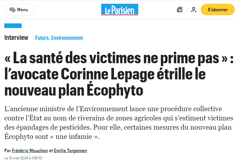 « La santé des victimes ne prime pas » : l’avocate Corinne Lepage étrille le nouveau plan #Ecophyto 

L’ancienne ministre de l’Environnement lance une procédure collective contre l’État au nom de riverains de zones agricoles qui s’estiment victimes des  #pesticides. 

Pour elle,