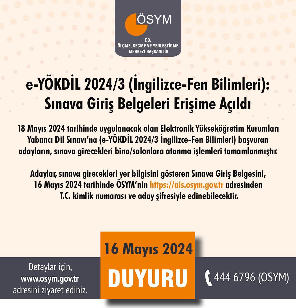 e-YÖKDİL 2024/3 (İngilizce-Fen Bilimleri): Sınava Giriş Belgeleri Erişime Açıldı osym.gov.tr/TR,29391/e-yok…