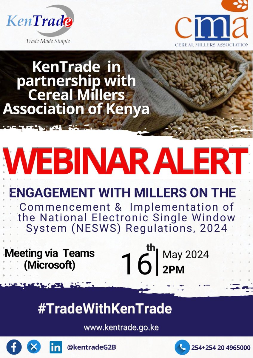 📌 UNDERSTANDING OUR NEW REGULATIONS 
#TradeWithKenTrade

We are this afternoon hosting a live webinar for members of @CerealMillers.Focus is on the Commencement & Implementation of the National Electronic Single Window System (NESWS) Regulations,2024
🔗teams.microsoft.com/l/meetup-join/…