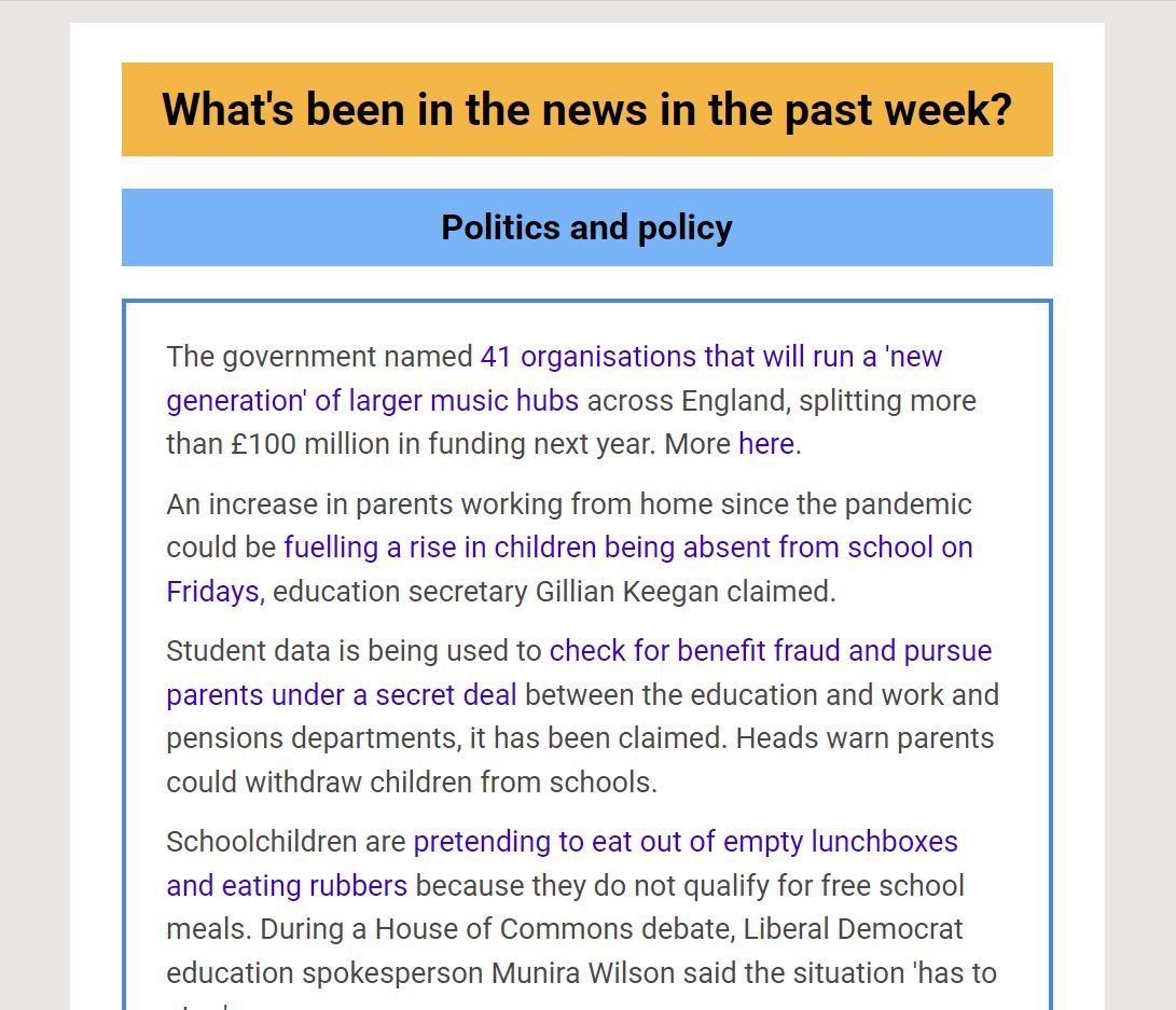 In this week's research roundup:
1. reducing the burden of a 'bloated curriculum'
2. Students at all-girls schools get better exam results
3. positive feedback less frequent for older students

Subscribe to get the full roundup, shared every Wednesday.
➡️buff.ly/3U0O43c