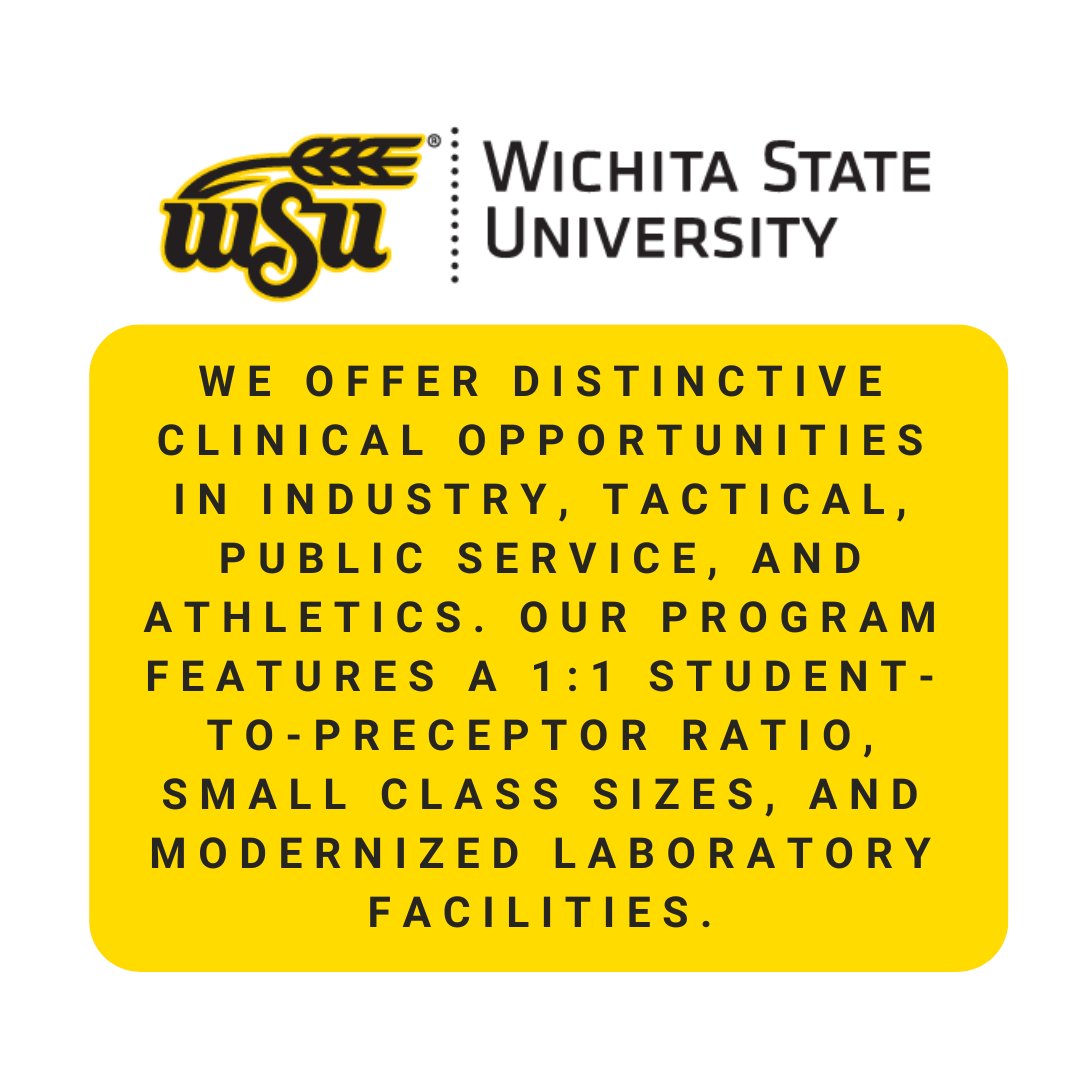 AT_EachMoment's tweet photo. Check out our featured #athletictraining program, @WSU_MSAT!

A degree in AT from Wichita State University prepares you for high-demand careers in diverse settings from education and professional sports to health care and law enforcement.

@WSU_MSAT
@WichitaStateCAS https://t.co/EtpQrCE5RY