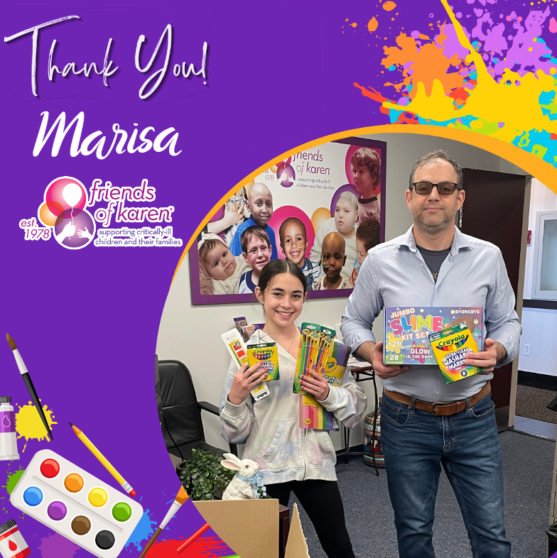 FriendsofKaren's tweet photo. A third-generation champion of Friends of Karen, Marisa completed her bat mitzvah project by mobilizing her school, friends, and family to collect much needed art supplies used to fill the curated art bags used in Sibling Support sessions. #FriendsofKaren #SiblingSupport https://t.co/Ay8FNgBreh