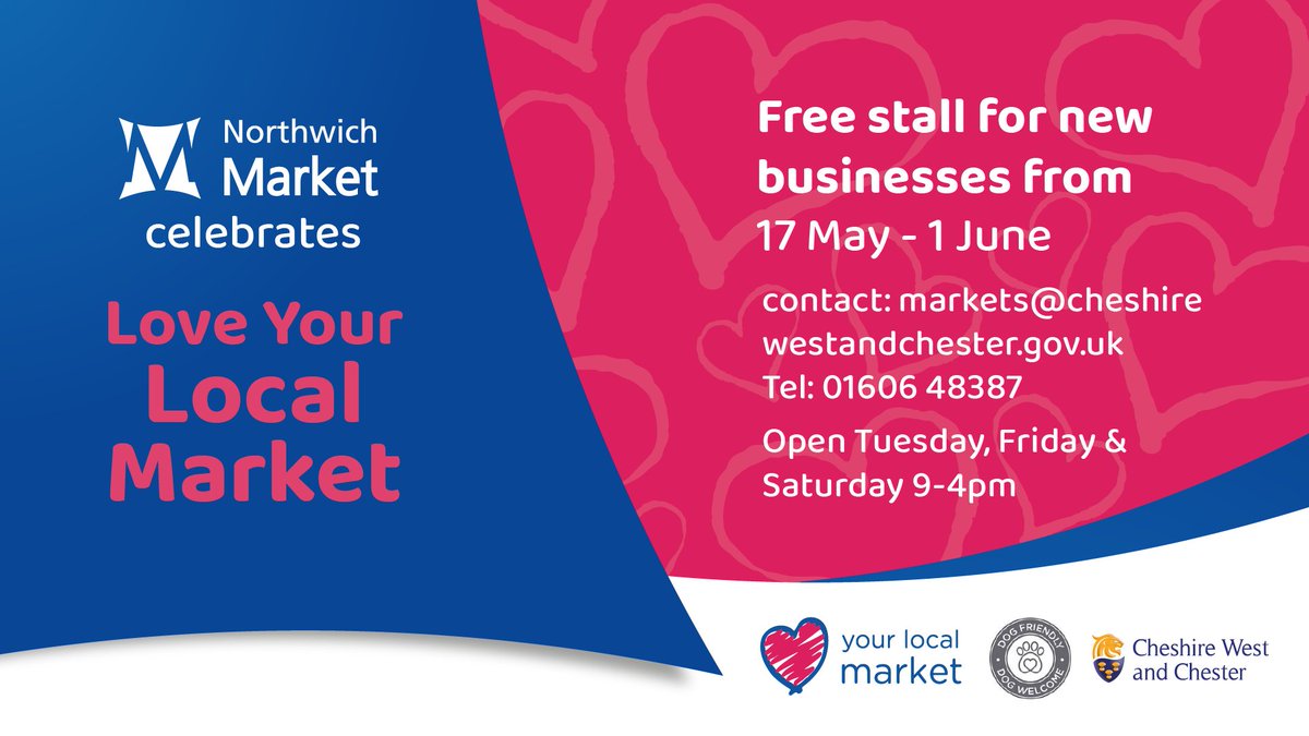 📢 Free stall for a day at Northwich Market for new businesses from 17 May to 1 June 2024. Contact: 📧 markets@cheshirewestandchester.gov.uk 📱 01606 48387 🕘 Open Tuesday, Friday and Saturday, 9am - 4pm.