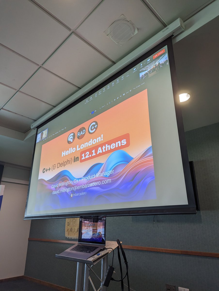 DelphiABall's tweet photo. @cpp_delphi_dave now live, virtually... Talking about C++ and the amazing tooling updates in 12.1 and how to use modern C++ via RADStudio https://t.co/EoNNxd93Kz