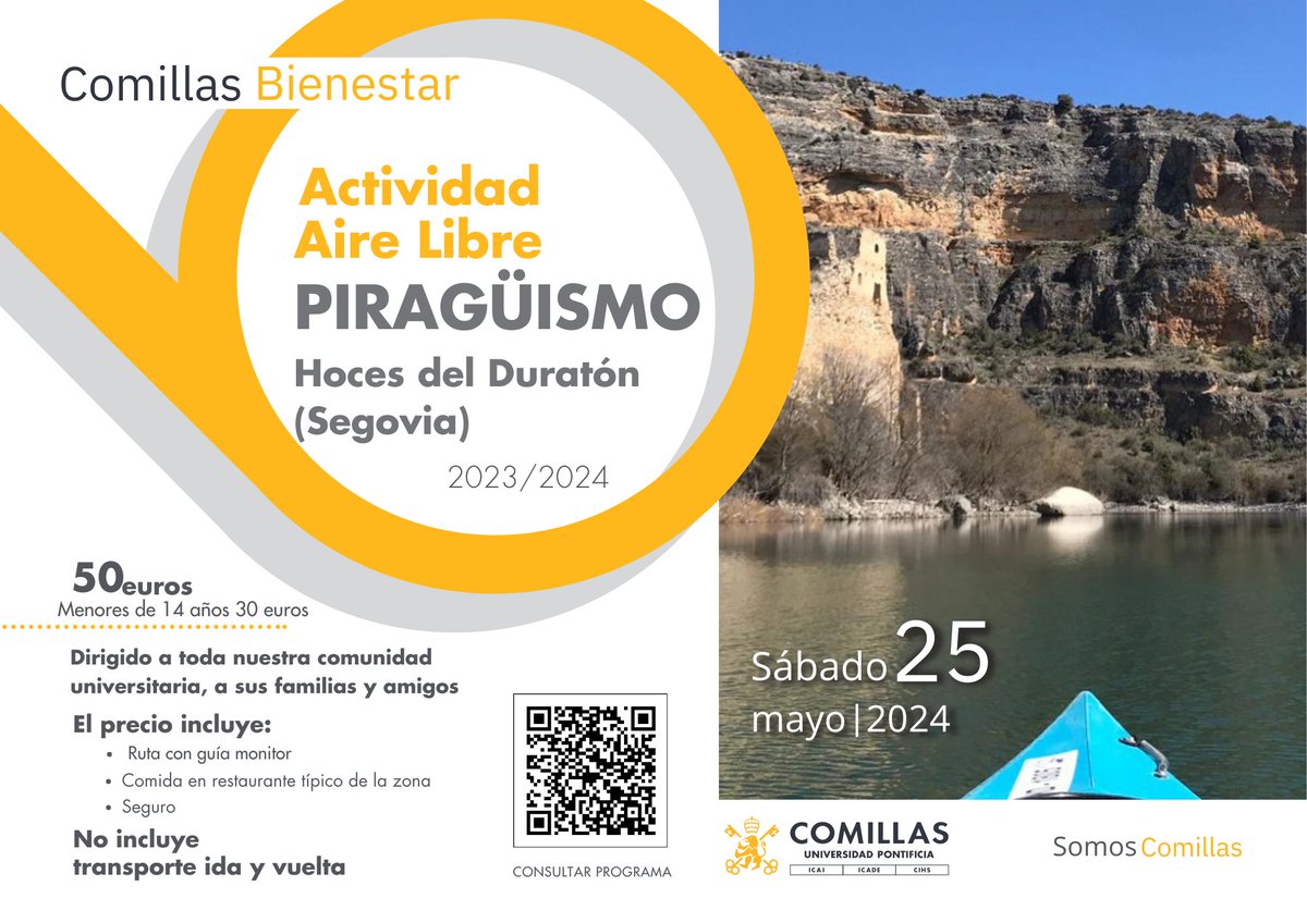 ¡Disfruta de un día en la naturaleza con nosotros!🏞️ 

¡Únete a nuestra aventura de piragüismo el 25 de mayo en las Hoces del Duratón! 🚣‍♀️ Organizado por Comillas Bienestar para toda la comunidad universitaria y #ComillasAlumni y sus familias.  

➡️+info:eventos.comillas.edu/117216/detail/…