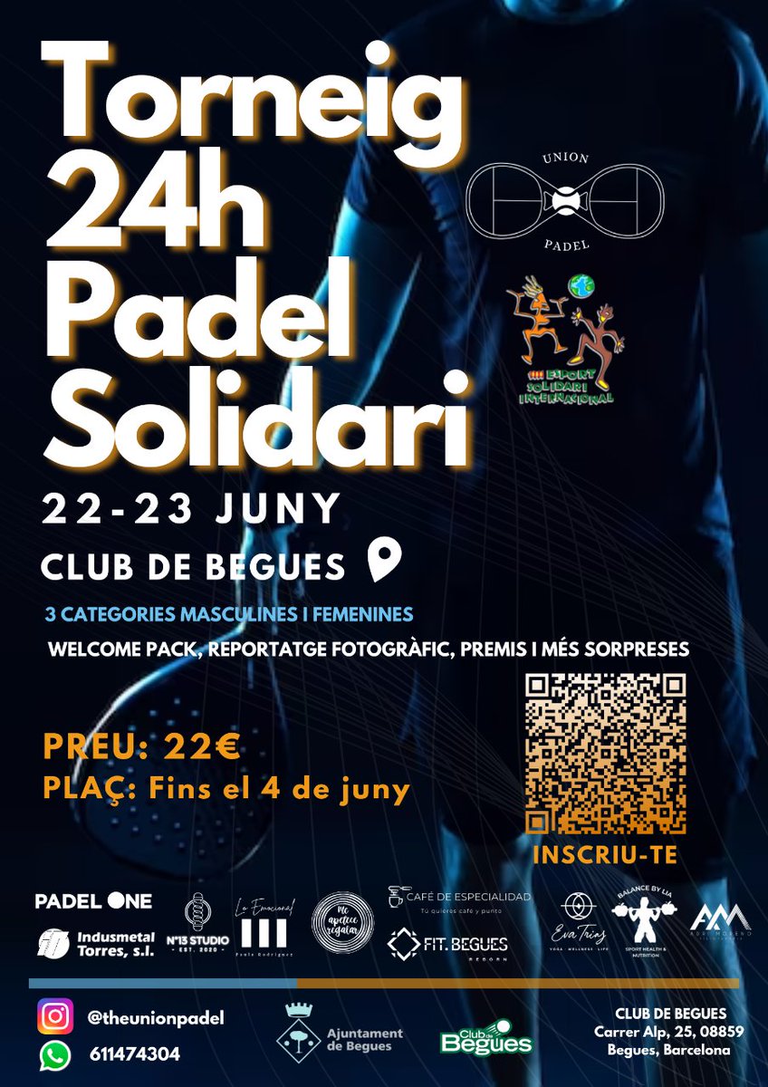 🎾 Fins al 4 de juny et pots apuntar a les 24 hores de pàdel que tindrà lloc entre el 22 i el 23 de juny al Club de #Begues, un torneig que es fa en solidaritat amb l'ONG @EsportSolidari 

Apunta-t'hi escanejant el codi QR del cartell 👇 No hi faltis!